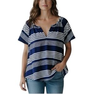 SHOW ME YOUR MUMU Avalon Top Navy and White Striped Short Sleeve Top Medium K3